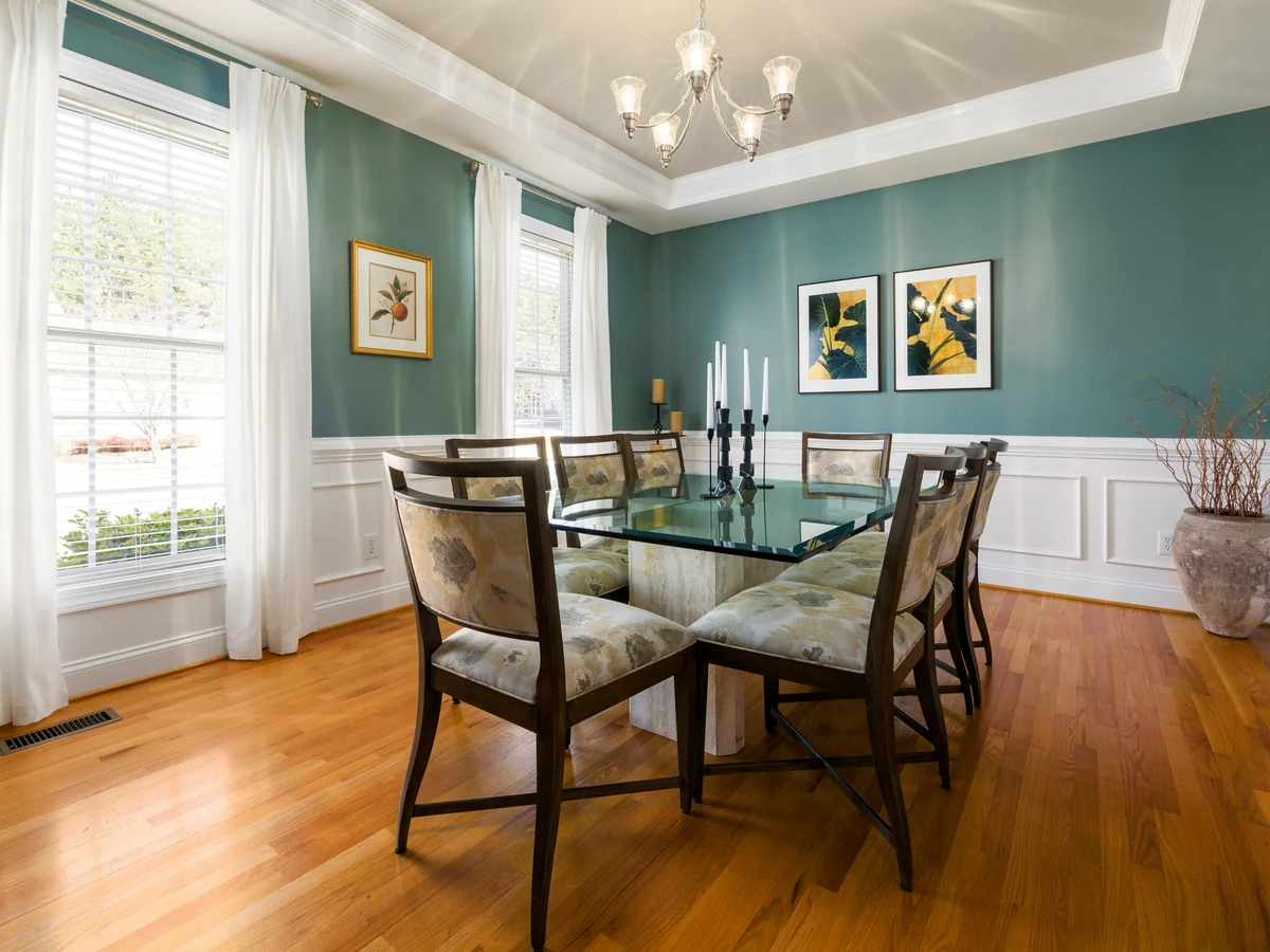 dining-room-painting-teal-wainscoted-dining-richmond-decorators Wainscoted dining room painted in deep teal by Richmond Decorators