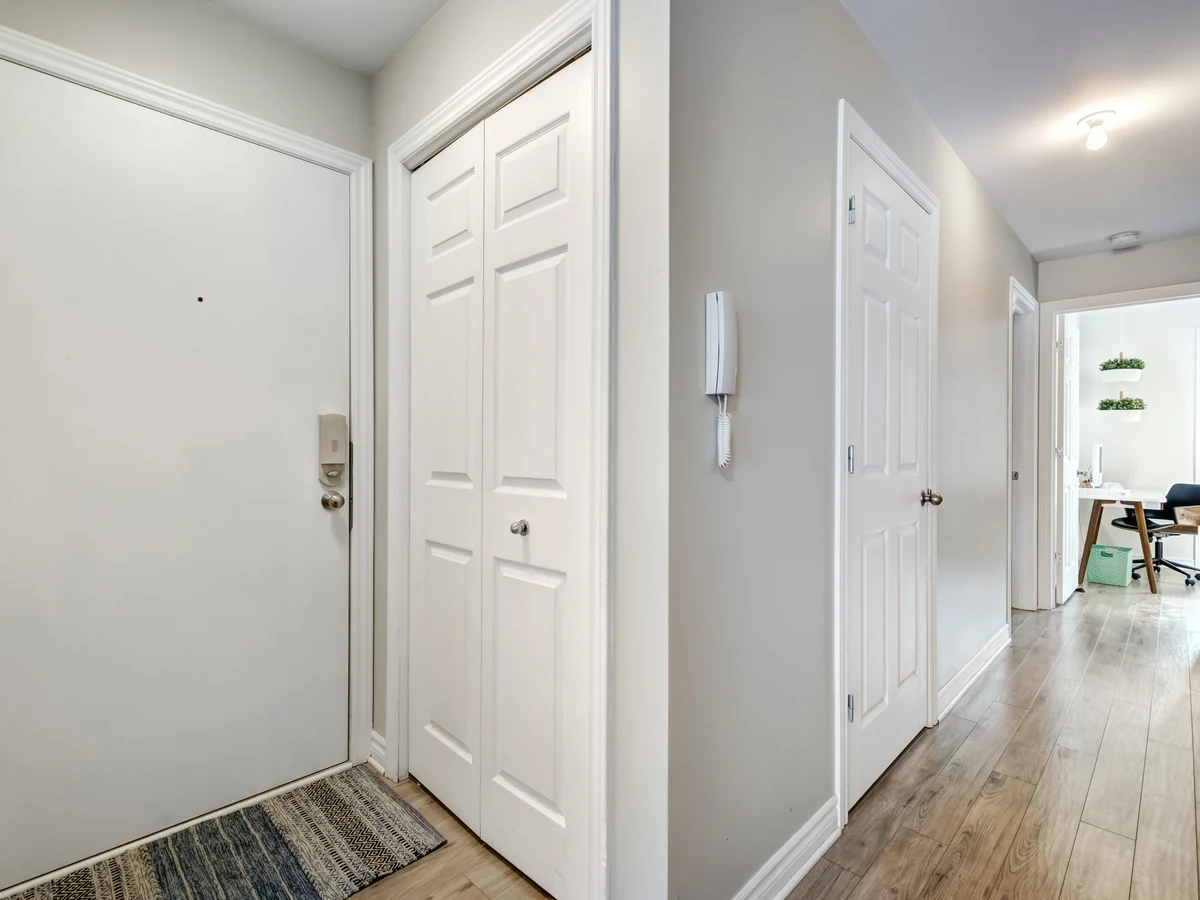 hallway-painting-clean-apartment-hallway-richmond-decorators A shared apartment hallway with white panelled doors and grey walls