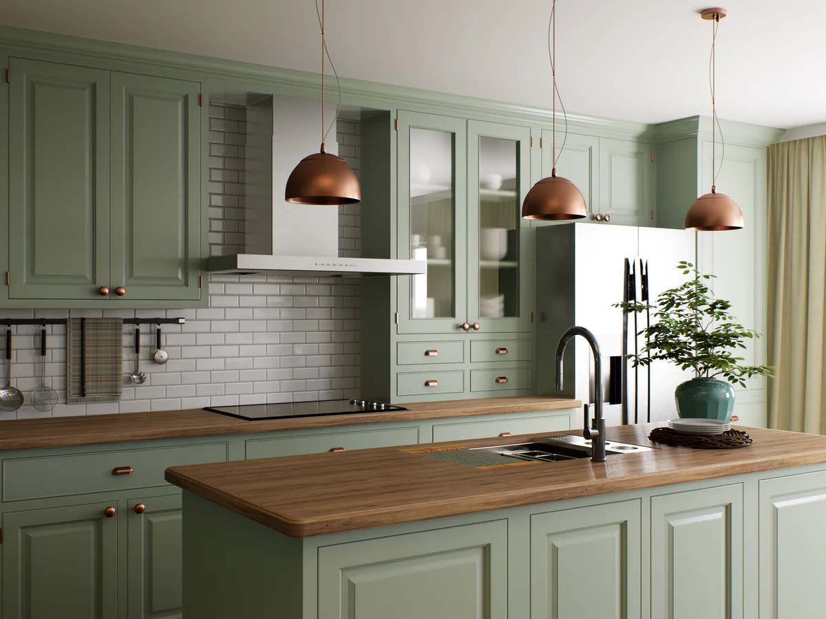 Sage green shaker kitchen cabinet painting by Richmond Decorators